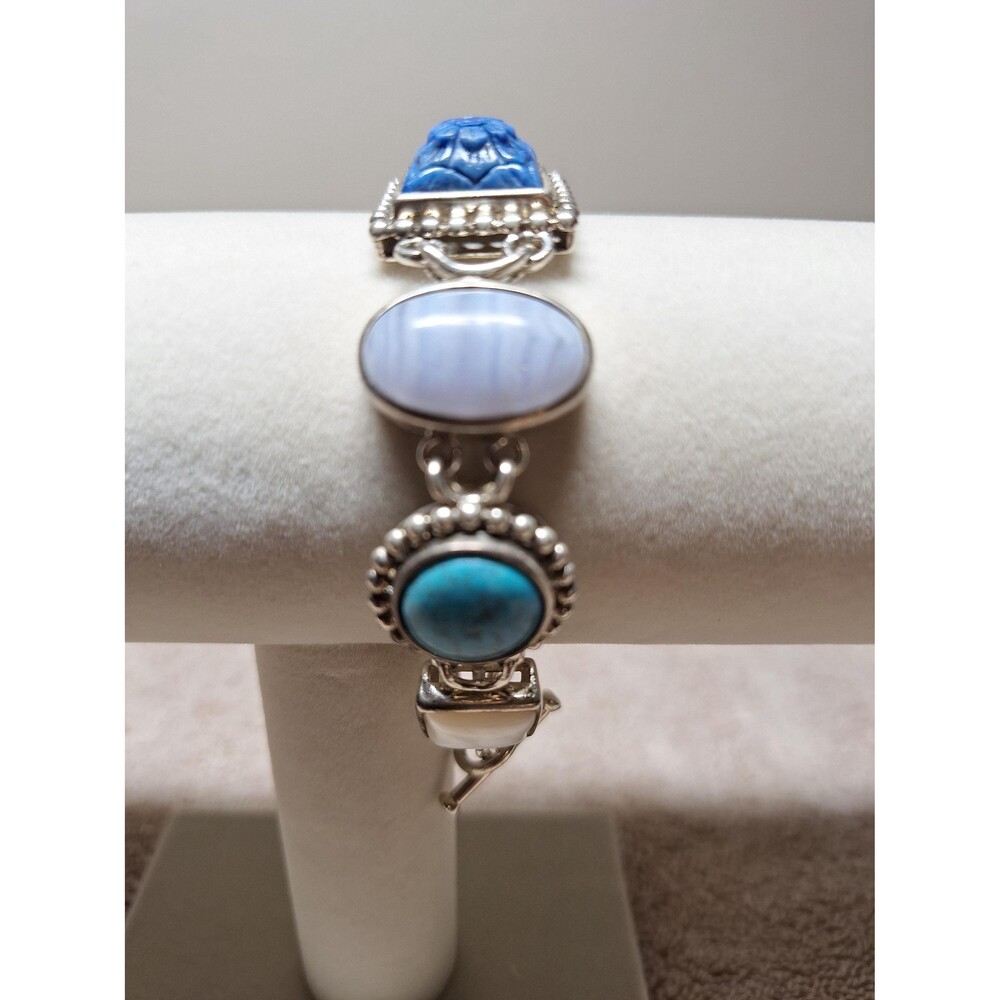 Turquoise bracelet lapis blue lace agate mother of pearl sterling silver